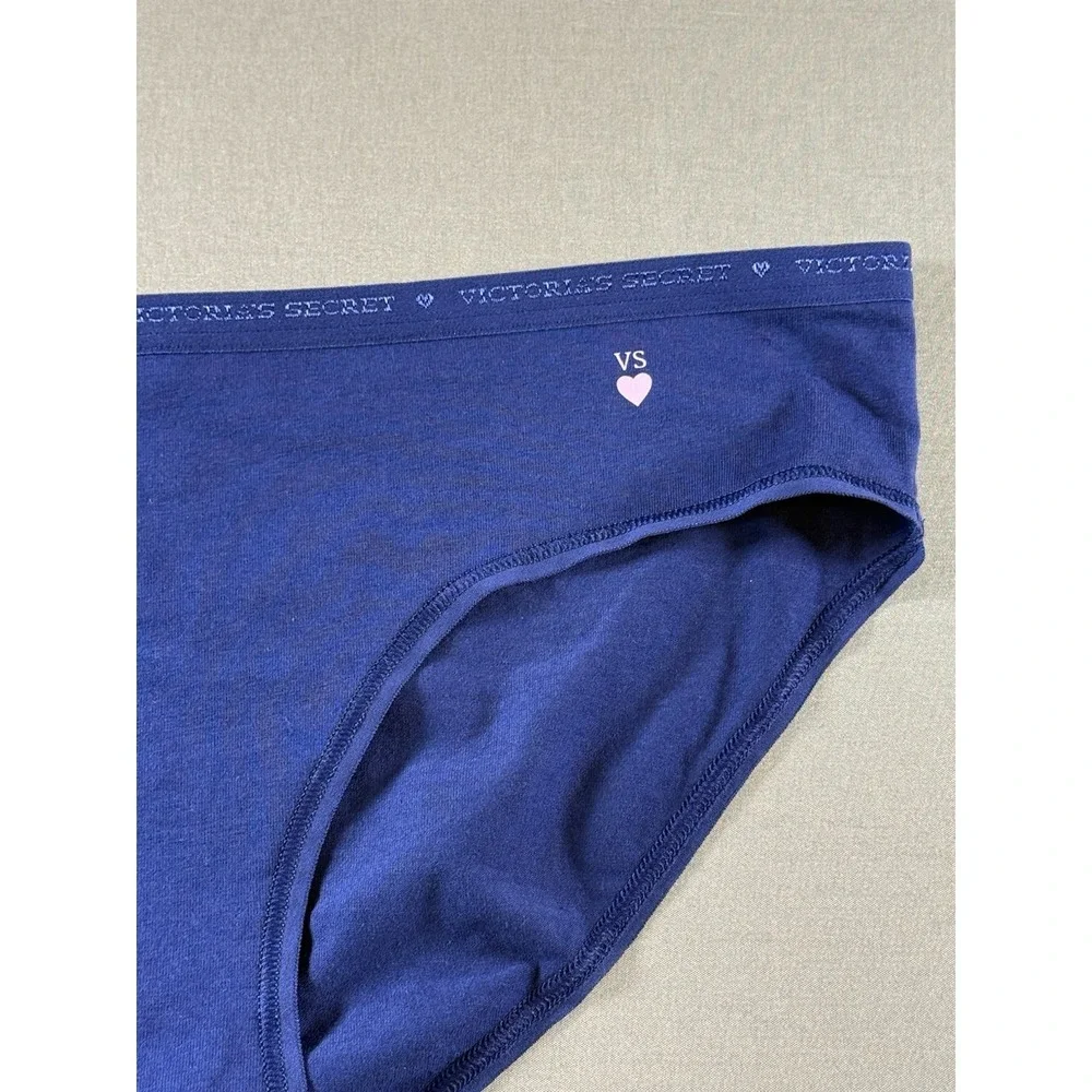 Victoria's Secret VTG 2014 Stretch Hiphugger Cotton Panty Navy Blue Pink Heart L